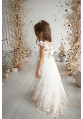 Charming Ivory Flower Girl Dress with Lace Details and Bow Accent