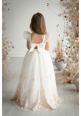 Charming Ivory Flower Girl Dress with Lace Details and Bow Accent