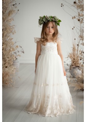 Charming Ivory Flower Girl Dress with Lace Details and Bow Accent